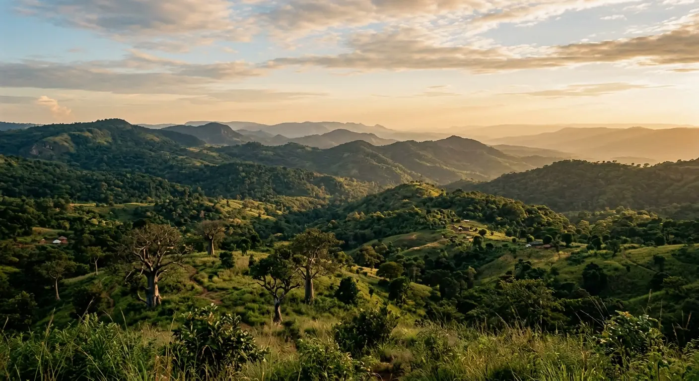 Colinas verdes del Fouta-Djaloo al atardecer, cerca de Aiguel